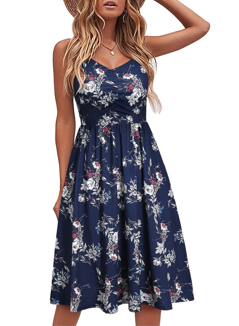 YATHON Casual Dresses for Women Sleeveless Cotton Summer Beach Dress A Line Spaghetti Strap Sundresses with Pockets (XL, YT090-Navy Floral 01) - Image 1